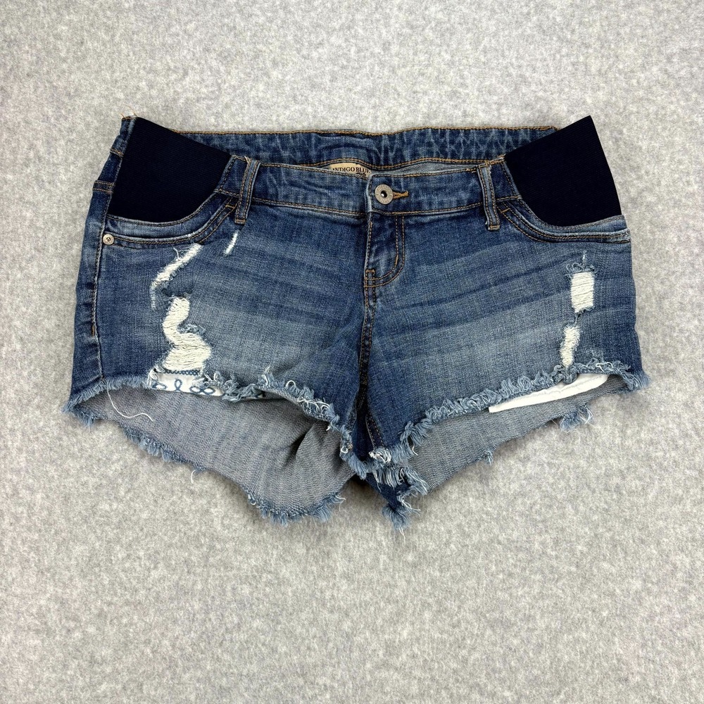 Indigo Blue Maternity Shorts Women's M Blue Denim Distressed Frayed Hem Stretch